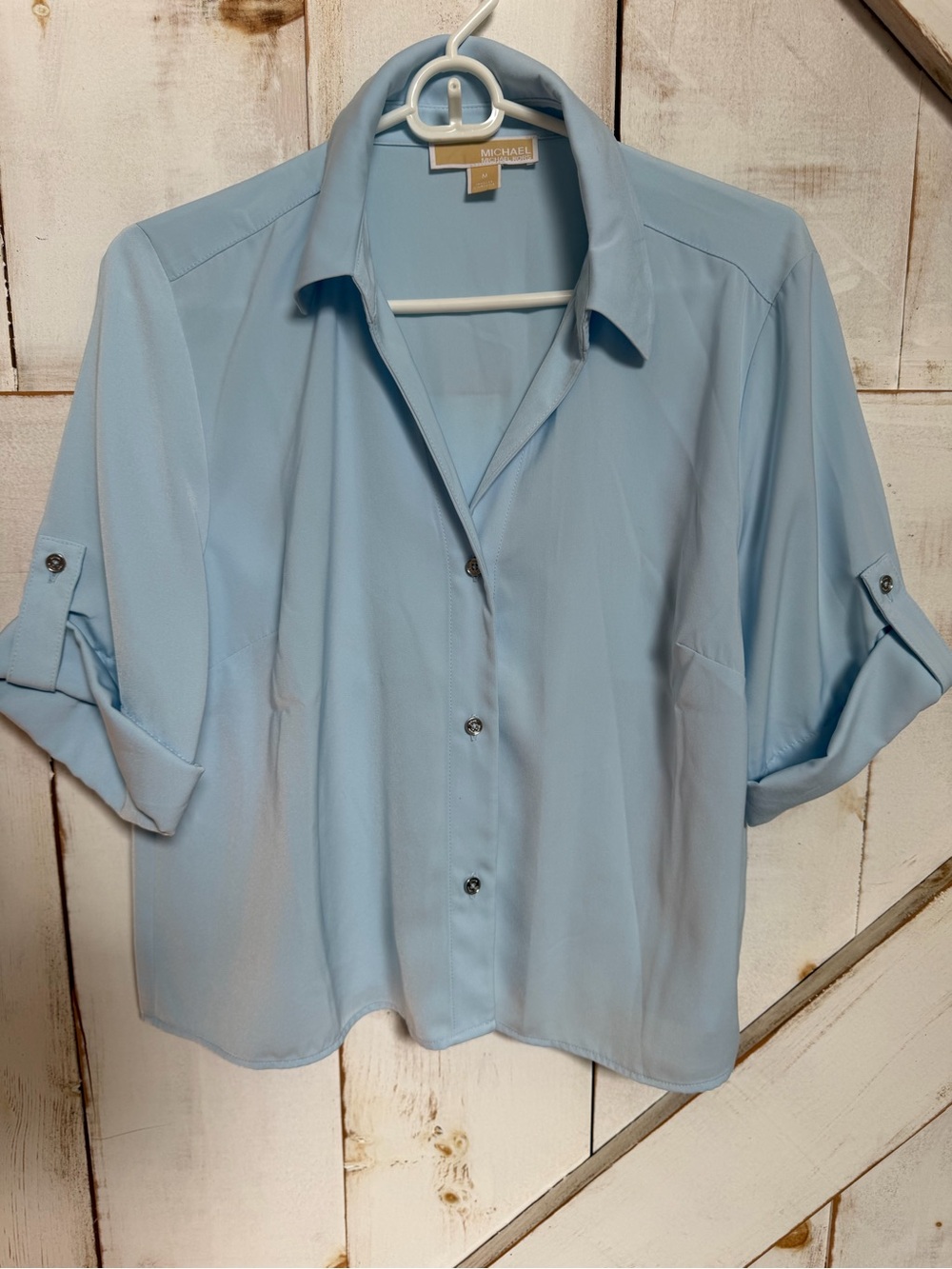 Michael Kors Pale Blue Button-Front Roll-Tab Shirt